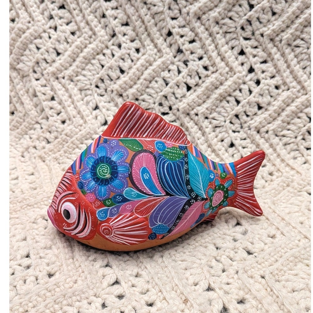 Mexican Folk Art Pottery Fish Figurine Hand Painted Terracotta Tonala Style 6.5"